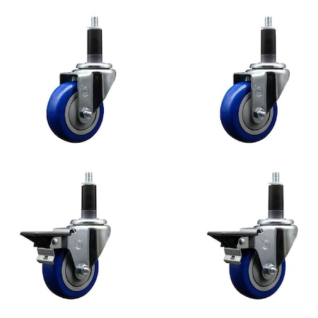 Service Caster 3.5'' Blue Poly Wheel Swivel 1-1/8'' Expanding Stem Caster Set 2 Brakes, 4PK SCC-EX20S3514-PPUB-BLUE-2-PLB-2-118
